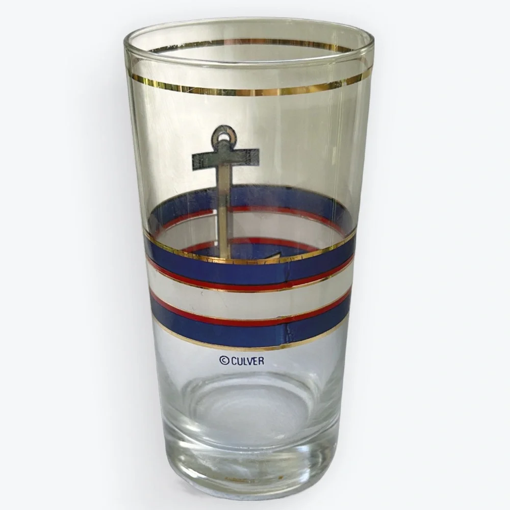 Nostalgic Nautical Anchor & Stripes Vintage Culver Gold Accent Highball Tumbler